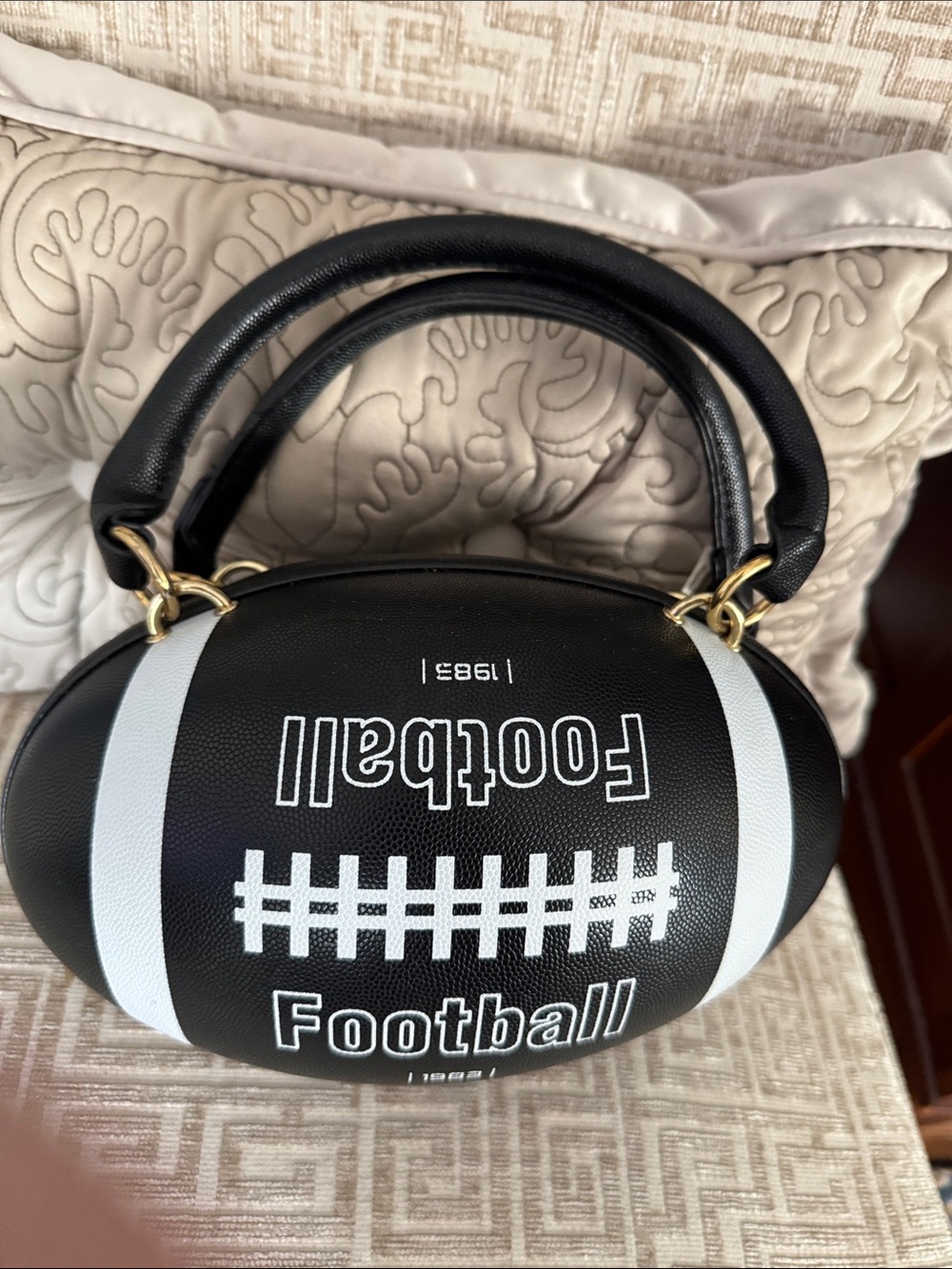 Novelty Black Football-Shaped Mini Top-Handle Bag - Hard Plastic & Vinyl